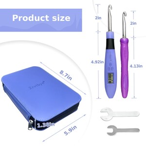 May include: A blue zippered case with the text "Zcvtbye" and two crochet hooks. The case measures 8.7 inches long, 5.9 inches wide, and 1.38 inches thick. One crochet hook is purple, and the other is blue with a digital display.