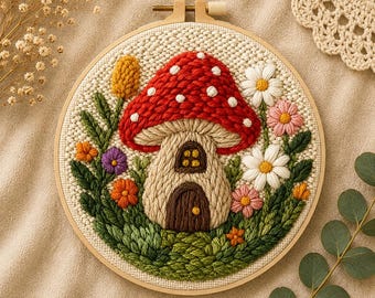 May include: A circular embroidery hoop containing a textured punch needle design of a mushroom house with a red cap and white spots. The house features a brown door and window, surrounded by green foliage, yellow, orange, purple, and white flowers.