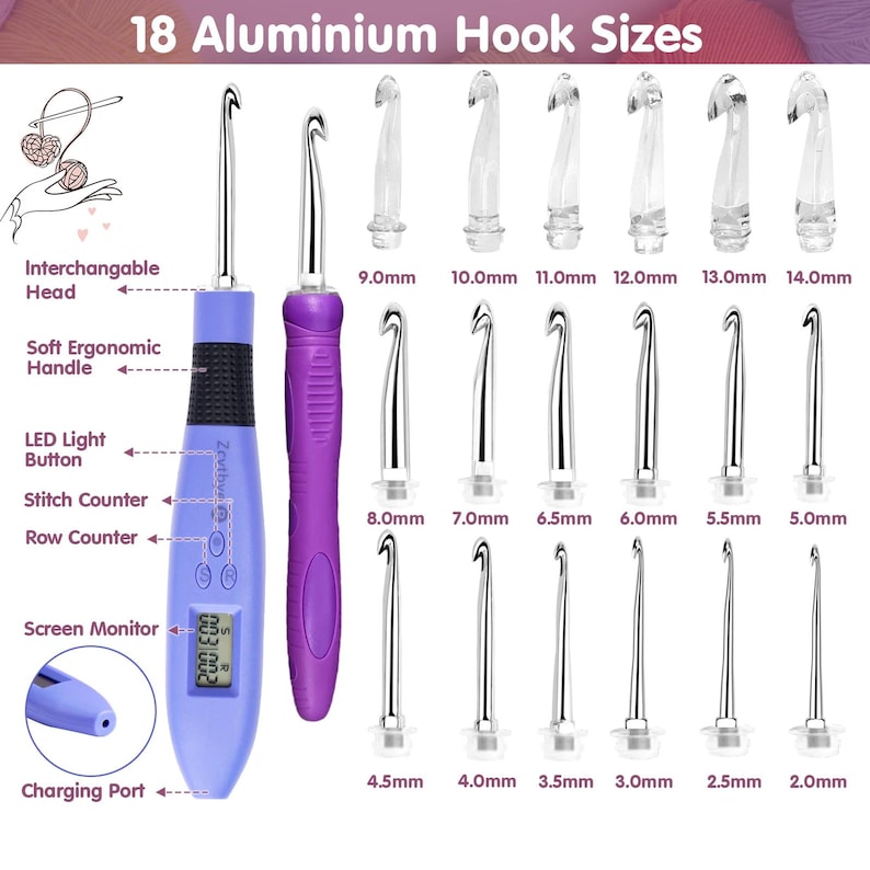 May include: A set of 18 aluminum crochet hooks in various sizes, ranging from 2.0mm to 14.0mm. The image includes two ergonomic crochet hooks with soft handles, LED light buttons, and stitch and row counters. The text "18 Aluminium Hook Sizes" is at the top.