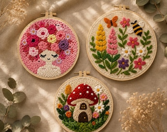 May include: Three circular embroidery hoops featuring textured needlework. One depicts a figure with a floral hairstyle, another shows a garden with a butterfly and bee, and the third displays a mushroom house surrounded by small flowers and greenery.