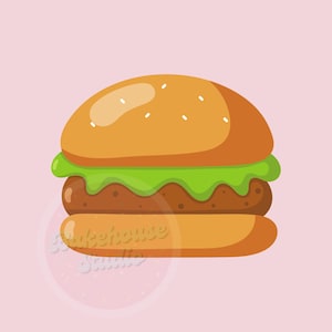 May include: A cartoon illustration of a hamburger with a brown patty, green lettuce, and a sesame seed bun.