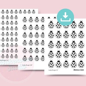 May include: Three sheets of printable ladybug stickers in black and white. The sheets are labeled "Lady Bugs 0.6", "Lady Bugs 0.8", and "Lady Bugs 1.2".
