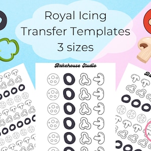 May include: Three printable sheets of royal icing transfer templates featuring different sizes of mushrooms, bell peppers, and circles. The sheets are black and white and have the text "Bakehouse Studio" at the top.