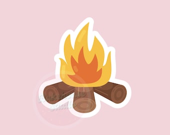 May include: A sticker featuring a cartoon campfire with yellow and orange flames rising above three brown logs. The sticker has a white border and is set against a light pink background. The design is simple and cheerful.