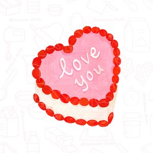 May include: A heart-shaped cake decorated with red frosting and the words "Love You" in white frosting.