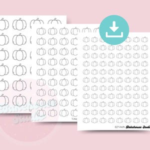 May include: Three sheets of white stickers with black outline pumpkin designs. One sheet has pumpkins in rows of 1 inch, another has rows of pumpkins, and the third has many small pumpkins in rows of 0.7 inch. The background is light pink.