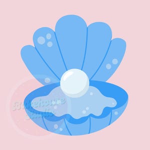 May include: A blue seashell with a white pearl inside. The shell is open and there are bubbles around the pearl.