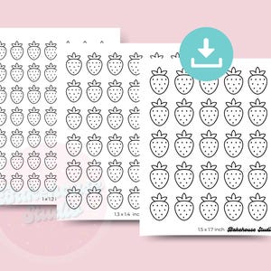 Pode incluir: Três folhas de adesivos brancos com um padrão repetido de morangos delineados. As folhas são rotuladas com tamanhos de 2,5 x 3,1 cm, 3,3 x 3,6 cm e 38,1 x 43,2 cm. O texto "Bakehouse Studio" também é visível.