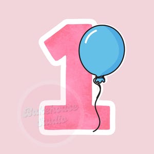 May include: A pink number one with a white outline and a light blue balloon with a black string. The number and balloon are on a light pink background. The image is a sticker.