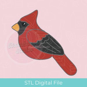 May include: A red cardinal bird with black wings and a yellow beak. The bird is facing left and has a cartoon-like appearance.