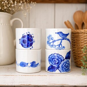 Vintage Blue White Porcelain Cups Set, Hand Painted Mini Tea Cups, Asian Style Ceramic, Bird Ladybug Floral Duck Motifs, Cottagecore Decor