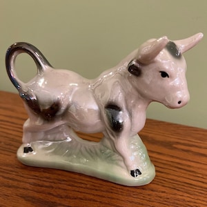 Vintage Lusterware Black and White Bull Standing in Green Grass, Farm Animal Figurine, Iridescent Sheen, Made in Brazil, Collectible Gift