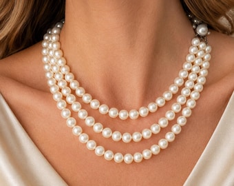 Vintage Triple Strand Pearl Necklace, Sterling Silver 925 Clasp, Bridal Choker, Wedding Jewelry, Cultured Pearls, Formal Statement Necklace