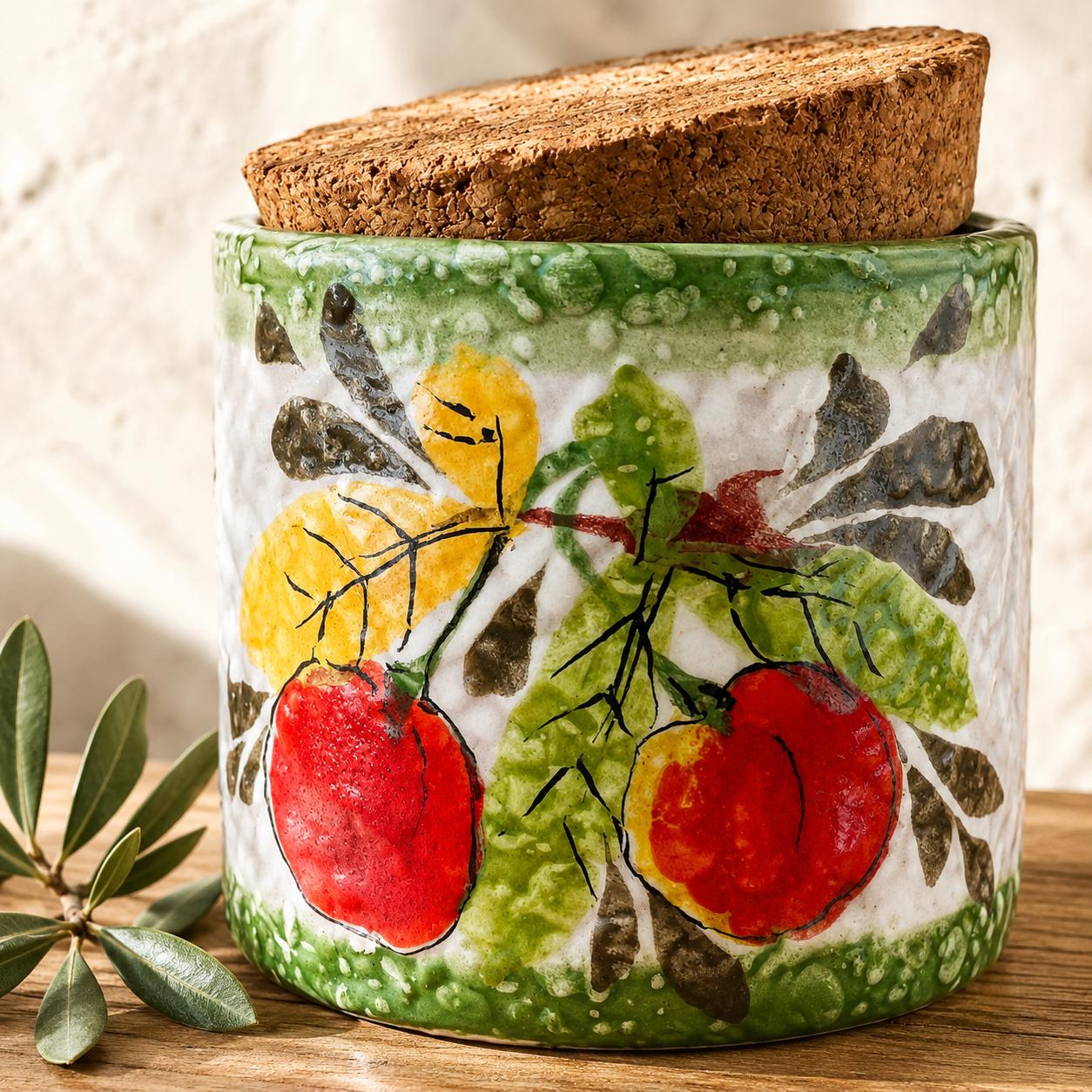 Vintage Italian Pottery Canister, Hand Painted Fruit Ceramic Jar With…