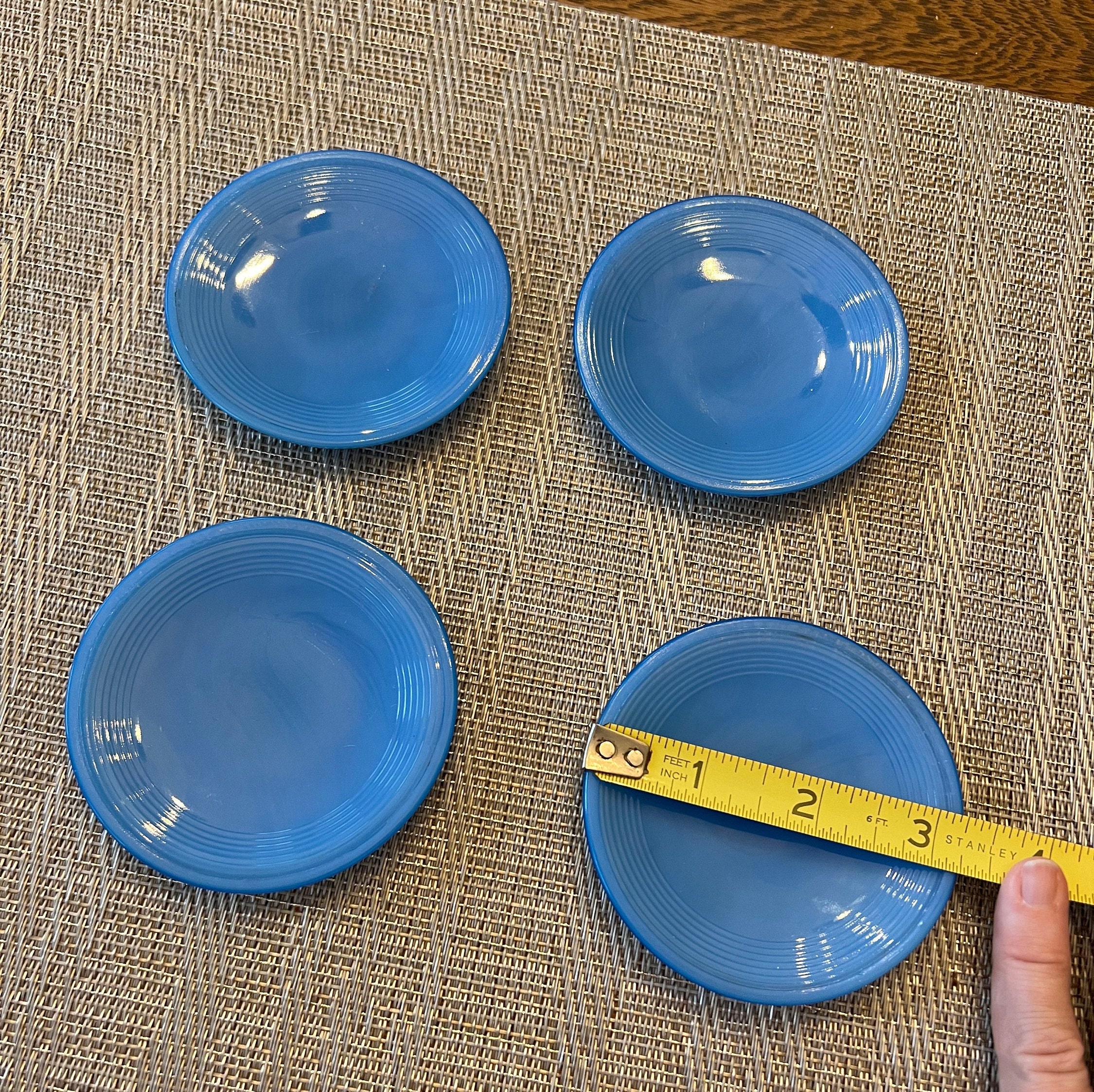Blue Toy Tea Plates| 3”| Akro Agate Glass Company| Vintage 1930s-1940s| Set of 4| Concentric Ring Design|Replacement for Tea Set| Collect
