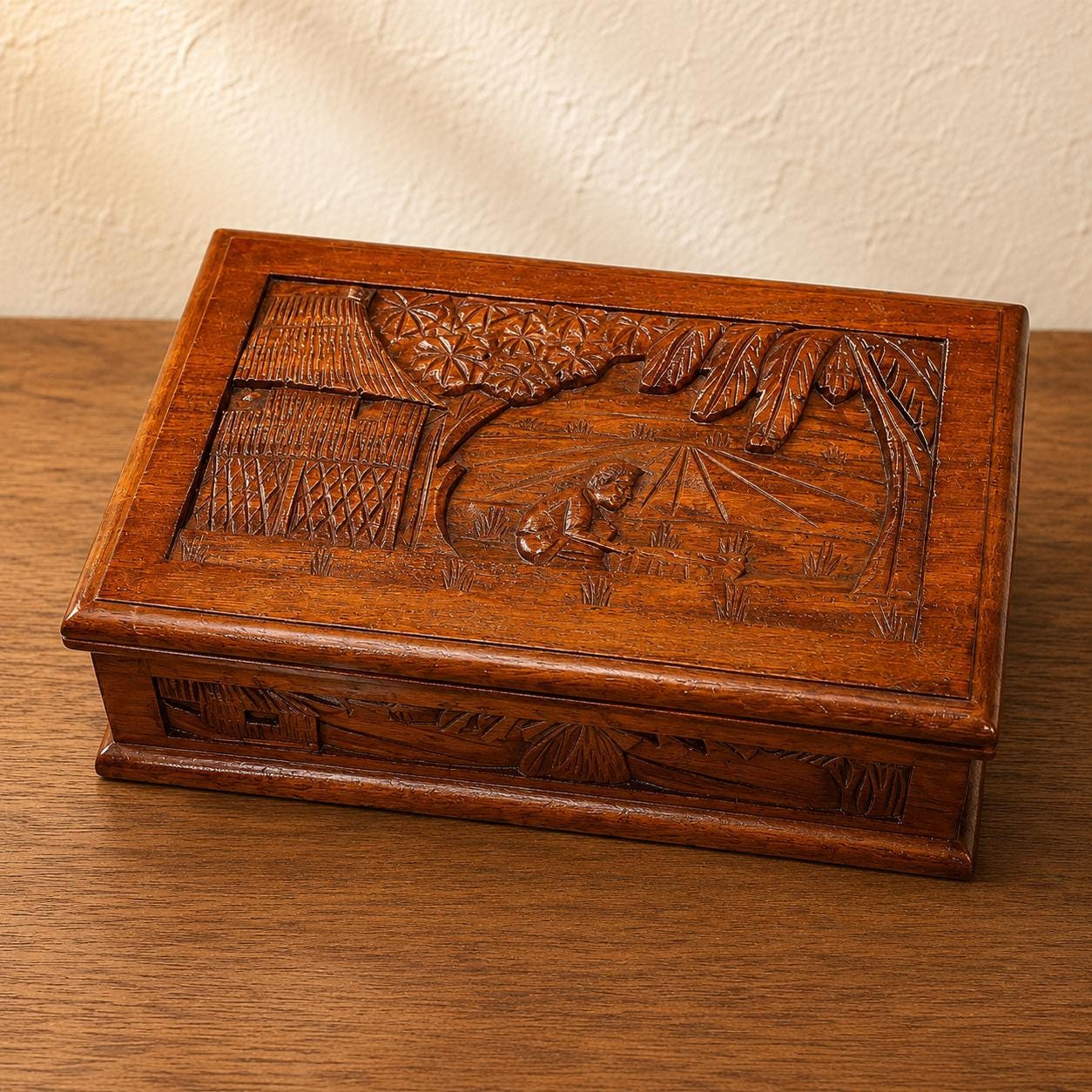 Vintage Hand Carved Wood Jewelry Box, Asian Carved Wooden Trinket Box, Velvet Lined Keepsake Box, Decorative Storage Box, Gift for Her