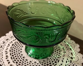 Vintage Green Glass Pedestal Bowl Compote Candy Dish, E. O. Brody Co., Centerpiece, Catch All Dish, Gift for His or Her Home Collection