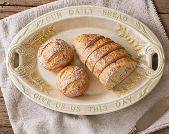 Vintage Portuguese Majolica Bread Platter, Our Daily Bread Serving Plate, Wheat Motif Oval Dish, Religious Kitchen Decor, Farmhouse Table