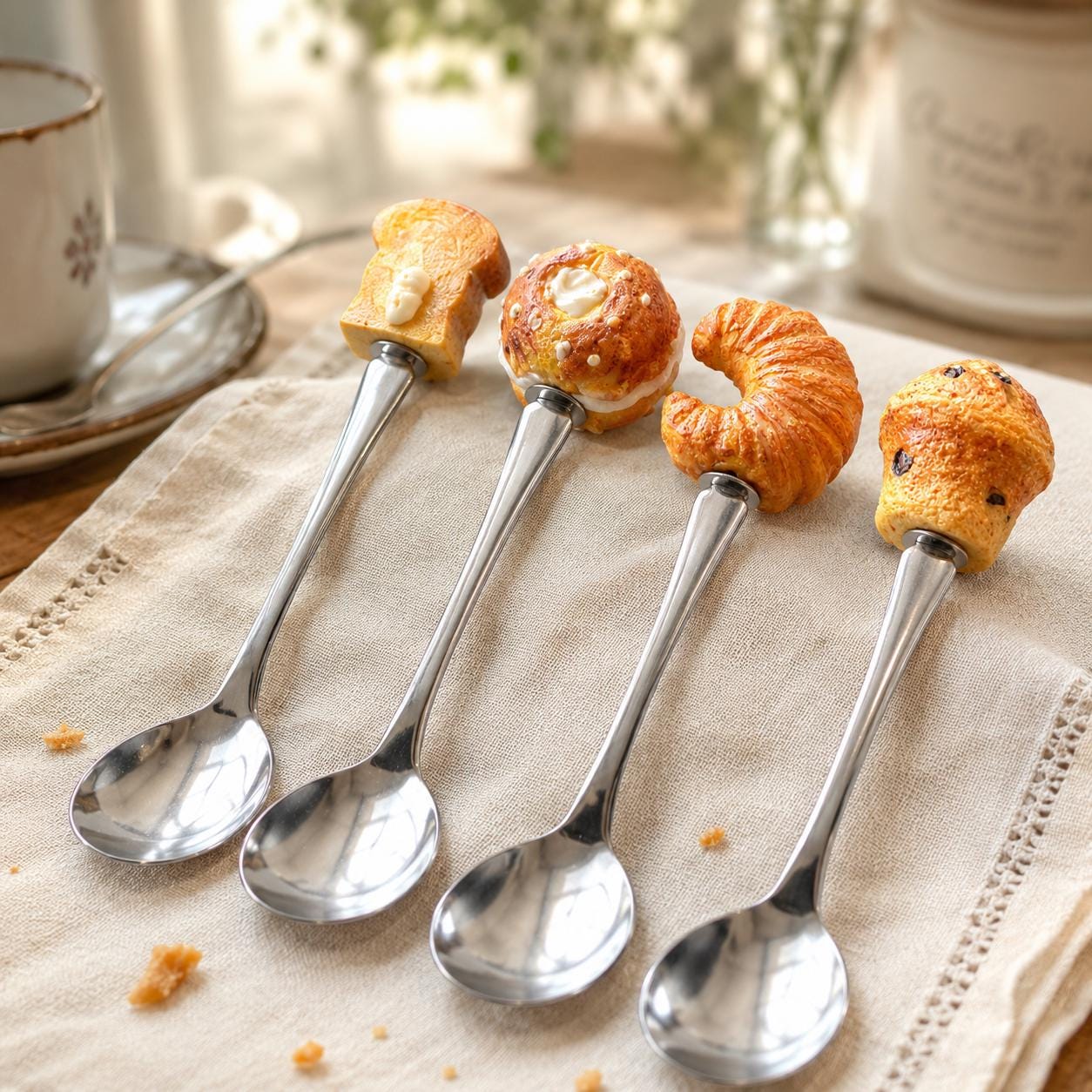 Vintage Jam Spoon Set, Bakery Dessert Spoons, Croissant Bread Muffin Toast Spoon Set, Novelty Kitchen Utensil, Stainless Steel Flatware Gift product image