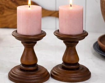 Vintage Turned Wood Candle Holders, Pair, Solid Wood Candlesticks, Traditional Cottagecore Decor, Rustic Farmhouse Table Decor