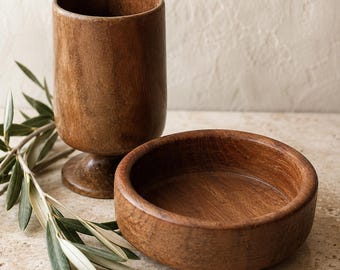 Vintage Wood Bowl and Goblet Set, Wooden Goblet Set, Danish Modern Decor, Scandinavian MCM, Japandi Decor, Organic Modern Catchall Bowl