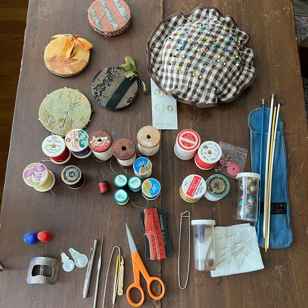 Vintage Sewing Notions Pin Cushions/Keepers, Thread, Thimbles, Tape Measure, Taylor’s Chalk, Etc. Gift for Seamstress Taylor, Dress Maker