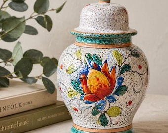 Vintage Italian Ceramic Ginger Jar, Hand Painted Floral Lidded Jar, Colorful Pottery Vase, Cottagecore Shelf Decor, Made in Italy