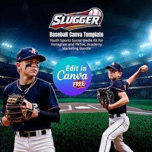 以下が含まれることがあります： SLUGGER Baseball Canva Template, Youth Sports Social Media Kit for Instagram and TikTok, Academy Marketing Bundleというタイトルのデジタルマーケティングテンプレート。グラフィックには、ネイビーのユニフォームを着た2人の野球選手がフィールドに立っている様子が描かれています。
