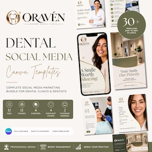 Può includere: Un pacchetto di marketing digitale per studi dentistici con il marchio Oravén Modern Dental Studio. Il set include oltre 30 modelli Canva modificabili per i social media, che mostrano vari layout con immagini dentali e testo informativo.