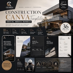 Puede incluir: Un paquete de marketing digital con 36 plantillas de Canva para empresas de construcción, con una imagen de casa moderna, textos e iconos. Incluye 12 publicaciones, 12 historias, 6 carruseles, 4 portadas destacadas y 2 portadas de Facebook.