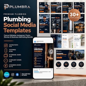 May include: A digital marketing bundle for plumbing services featuring over 30 editable Canva templates. The display includes a smartphone showing a social media post about plumbing sounds, surrounded by various layout examples with dark blue and orange accents.