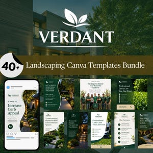 May include: A digital bundle of 40+ landscaping Canva templates featuring the Verdant brand logo. The collection includes various social media post designs with text such as 5 Ways to Increase Curb Appeal, Professional Lawn Care, and Our Services.