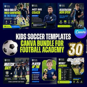 May include: A digital bundle of football academy templates for Canva, including designs for social media and promotional use. Features templates for player profiles, match day announcements, and registration. The bundle contains 30 editable templates.