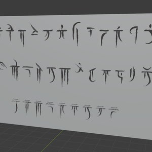 May include: A black and white image of a series of abstract symbols, possibly a fictional alphabet or language.