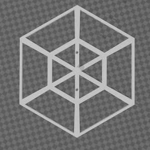 May include: A white geometric design with a hexagonal shape and a three-dimensional effect. The design is made up of intersecting lines that create a series of triangles and squares.