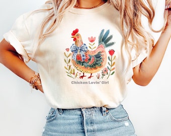 Comfort Colors Floral Chicken Shirt Cottagecore Farm Animal Wildflower Chicken Gift for Chicken Mom Chicken Owner Lover Farmer Chicken Lady