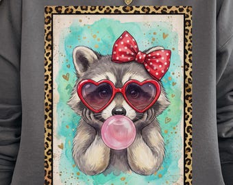 Funny Bubblegum Raccoon PNG, Cute Trendy Animal Sublimation Design, Girly Heart Sunglasses Clipart, Leopard Print Graphic Tee Transfer