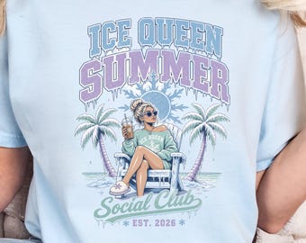 Chemise d'été reine des glaces, amateur de café glacé, Frosty Social Club, chemise d'été drôle, cadeau pour amateur de climatisation, t-shirt d'été froid pour filles