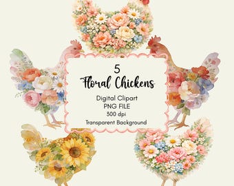 Floral Chicken Clipart, Watercolor Hen PNG, Cottagecore Farmhouse Design (Digital Download)