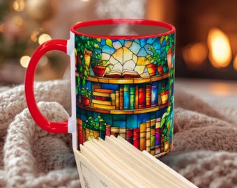 Stained Glass Style Books & Plants Coffee Mug, Book Lover Gift, Library Cup,