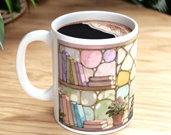 Floral Stained Glass Bookshelf Coffee Mug, Bookish Stained-Glass Style Ceramic Cup, Book Lover Gift,