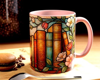 Literary Stained Glass Mug, Cozy Book Lover Mug, Cottagecore Cup, Stained Glass Bookshelf Coffee Mug, Floral Book Lover Ceramic Mug