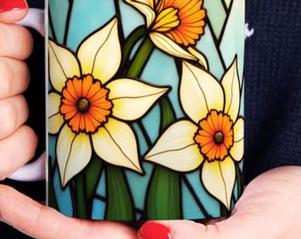 Stained-Glass Style Daffodil Design Mug, Mother's Day Gift, Botanical Lover Gift, Floral Art Coffee Cup