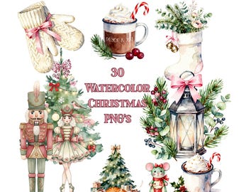 Christmas Watercolor Clipart Bundle, 30 PNG Set, Boho Stockings, Nutcrackers, Ballerinas, 300 DPI Transparent