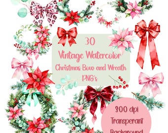 Watercolor Christmas Wreaths Clipart, Holiday Bows, Holiday Floral Bundle, Botanical PNGs,