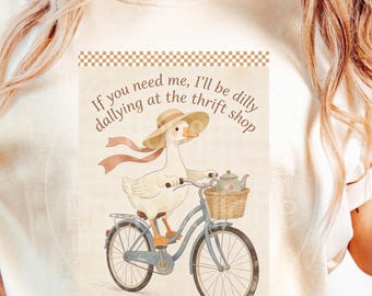 Dilly Dallying at the Thrift Shop PNG, Silly Goose Thrift Design, Cottagecore Goose Clipart, Thrift Lover PNG, Whimsical Goose Art