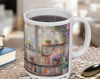 Stained-Glass Style Floral Bookshelf Mug, Pastel Stained Glass Garden Bookshelf Mug, Book Lover Gift, Library Cup 15 oz