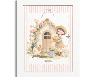 Framed Wall Art Poster, Child's Nursery Watercolor Print, Little Girl Gathering Eggs, Nursery Wall Art, Kid's Room Decor, Giftable Art