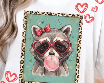Bubblegum Raccoon PNG, Heart Sunglasses, Leopard Print Tee Design (Digital Download