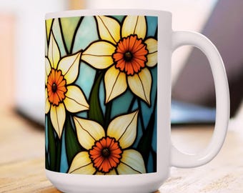 Daffodil Stained Glass Design Mug, Botanical Lover Gift, Floral Art Coffee Cup